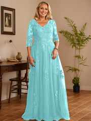 A-line V-Neck Floor-Length Tulle Lace Mother of the Bride Dress With Sequins