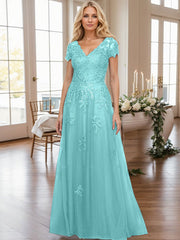 A-Line V-Neck Short Sleeves Sweep Train Lace/Tulle Mother Of The Bride Dresses
