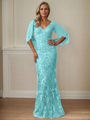 Sheath V-Neck Floor-Length Tulle Mother of the Bride Dress