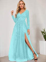 A-line V-Neck Floor-Length Tulle Prom Dresses With Sequins Appliques Lace Beading