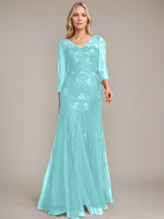 Trumpet/Mermaid Illusion V-Neck Floor-Length Tulle Sequin Lace Mother of the Bride Dress
