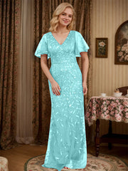 Sheath V-neck Short Sleeves Floor-Length Lace Mother of the Bride Dress