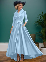 A-Line V-Neck 3/4 Sleeves Satin Mother Of The Bride Dresses With Pockets
