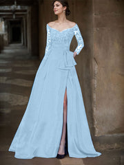 A-Line Off-The-Shoulder 3/4 Sleeves Sweep Train Lace/Satin Mother Of The Bride Dresses With Split Front