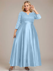 A-line V-Neck Ankle-Length Lace Satin Mother of the Bride Dress With Rhinestone