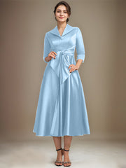 A-line V-Neck Collared Tea-Length Satin Mother of the Bride Dress