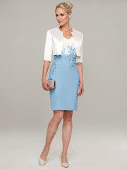 Sheath/Column V-Neck Knee-Length Satin Mother of the Bride Dress With Jacket Appliqued
