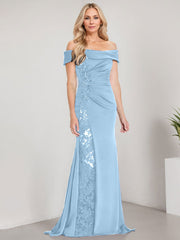 A-Line Off the Shoulder Floor-Length Chiffon Mother of the Bride Dress Applique Beadings Mermaid Dress With  High Split