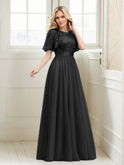 A-Line Short Sleeve Embroidery Mother Of The Bride Dress