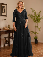 A-line V-Neck Floor-Length Tulle Lace Mother of the Bride Dress With Sequins