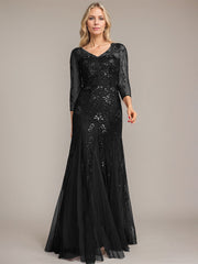 Trumpet/Mermaid Illusion V-Neck Floor-Length Tulle Sequin Lace Mother of the Bride Dress