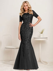 Floral Sequin Print Maxi Long Fishtail Tulle Mother Of The Bride Dresses
