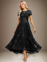 A-line Scoop Illusion Asymmetrical Sequin Lace Evening Dress