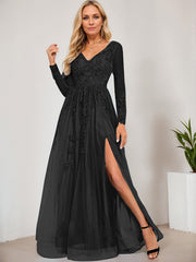 A-line V-Neck Floor-Length Tulle Prom Dresses With Sequins Appliques Lace Beading