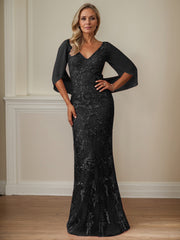 Sheath V-Neck Floor-Length Tulle Mother of the Bride Dress
