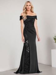 A-Line Off the Shoulder Floor-Length Chiffon Mother of the Bride Dress Applique Beadings Mermaid Dress With  High Split