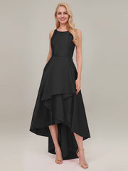 A-line Scoop Asymmetrical Satin Evening Dress