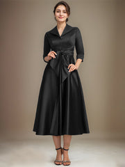 A-line V-Neck Collared Tea-Length Satin Mother of the Bride Dress