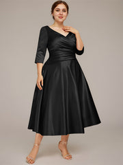 A-line V-Neck Tea-Length Satin Mother of the Bride Dress With Pleated