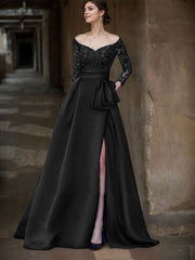 A-Line Off-The-Shoulder 3/4 Sleeves Sweep Train Lace/Satin Mother Of The Bride Dresses With Split Front
