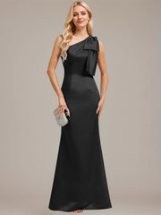 Sheath/Column One Shoulder Floor-Length Satin Evening Dress With Bow Pleated