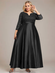A-line V-Neck Ankle-Length Lace Satin Mother of the Bride Dress With Rhinestone