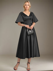 A-line V-Neck Tea-Length Satin Mother of the Bride Dress With Beading