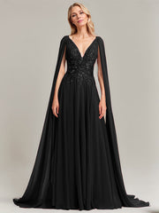 A-line V-Neck Sweep Train Lace Chiffon Evening Dress With Sequins
