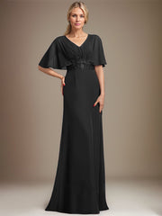 A-line V-Neck Floor-Length Chiffon Mother of the Bride Dress With Sequins Appliques Lace Pleated