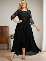 A-line Scoop Illusion Asymmetrical Lace Chiffon Mother of the Bride Dress With Cascading Ruffles