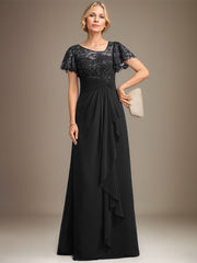 A-line Asymmetrical Illusion Floor-Length Lace Chiffon Mother of the Bride Dress With Cascading Ruffles Sequins