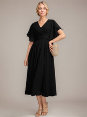 A-line V-Neck Tea-Length Chiffon Mother of the Bride Dress With Pleated Beading