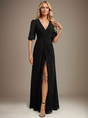 A-line V-Neck Floor-Length Chiffon Evening Dress With Pleated