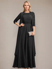 A-line Scoop Illusion Floor-Length Lace Chiffon Mother of the Bride Dress With Pleated