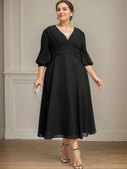 A-line V-Neck Tea-Length Chiffon Mother of the Bride Dress With Pleated