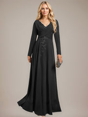 A-line V-Neck Floor-Length Stretch Crepe Evening Dress With Pleated Sequins Appliques Lace