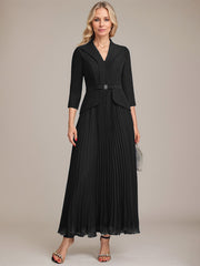 A-line Collared V-Neck Ankle-Length Chiffon Mother of the Bride Dress With Beading Pleated
