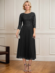A-line Scoop Illusion Tea-Length Lace Chiffon Mother of the Bride Dress With Sequins Pleated