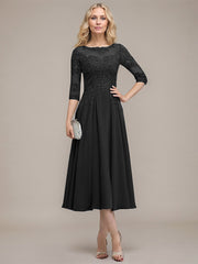 A-line Scoop Illusion Tea-Length Chiffon Lace Mother of the Bride Dress With Sequins Beading