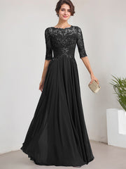 A-line Scoop Illusion Floor-Length Lace Chiffon Mother of the Bride Dress With Pleated Sequins