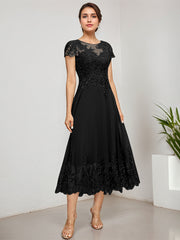 A-line Scoop Illusion Tea-Length Lace Chiffon Mother of the Bride Dress With Sequins