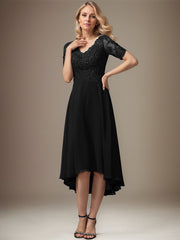 A-line V-Neck Asymmetrical Lace Chiffon Mother of the Bride Dress With Sequins
