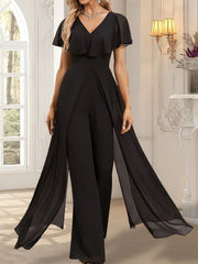 Jumpsuit/Pantsuit V-Neck Floor-Length Chiffon Evening Dress