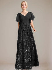 A-line V-Neck Floor-Length Lace Sequin Chiffon Mother of the Bride Dress With Pleated