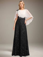A-line Scoop Floor-Length Lace Sequin Chiffon Mother of the Bride Dress With Pleated