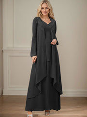 Elegant V-Neck Long Sleeves Floor-Length Mother Of The Bride Dresses WithWrap