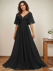 A-line V-Neck Floor-Length Chiffon Mother of the Bride Dress With Sequins Appliques Lace Pleated
