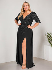 Sheath/Column V-Neck Floor-Length Lace Chiffon Mother of the Bride Dress With Sequins