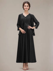 A-line V-Neck Ankle-Length Chiffon Mother of the Bride Dress With Sequins Appliques Lace Beading