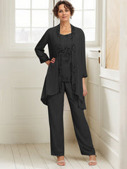 Elegant Appliques 3 Pieces Chiffon Mother of The Bride Jumpsuit with Wrap